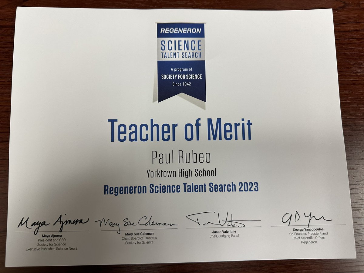 A S/O to @YHSSciRes educator Mr. Rubeo for being named a Teacher of Merit in the Regeneron Science Talent Search. 🌽 @GOLLISZJOHN @VGarretteYHS @CCriscioneYHS @mpaceBiology