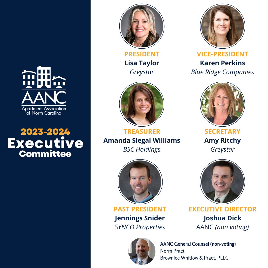 AANCOnline's tweet photo. Please join us in welcoming our 2023-2024 Executive Committee and our 2023 Board of Directors as they embark on leading our association in the NC multifamily housing industry! #WeAreAANC https://t.co/cjA9LP2aMg