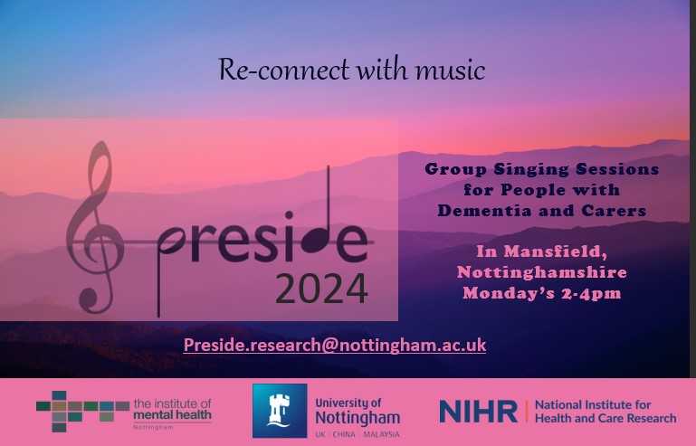 PRESIDE 2024 Study (@presidesinging) on Twitter photo LIMITED AVAILABILITY
Researchers <a href="/UniofNottingham/">Uni of Nottingham #WeAreUoN</a> <a href="/InstituteMH/">The Institute of Mental Health</a> are investigating how singing impacts those living with #dementia. They are offering #free singing sessions for people with #dementia and their #carers.
Call ☎️0115 7484315 before it's too late⏱️ LIMITED AVAILABILITY
Researchers <a href="/UniofNottingham/">Uni of Nottingham #WeAreUoN</a> <a href="/InstituteMH/">The Institute of Mental Health</a> are investigating how singing impacts those living with #dementia. They are offering #free singing sessions for people with #dementia and their #carers.
Call ☎️0115 7484315 before it's too late⏱️