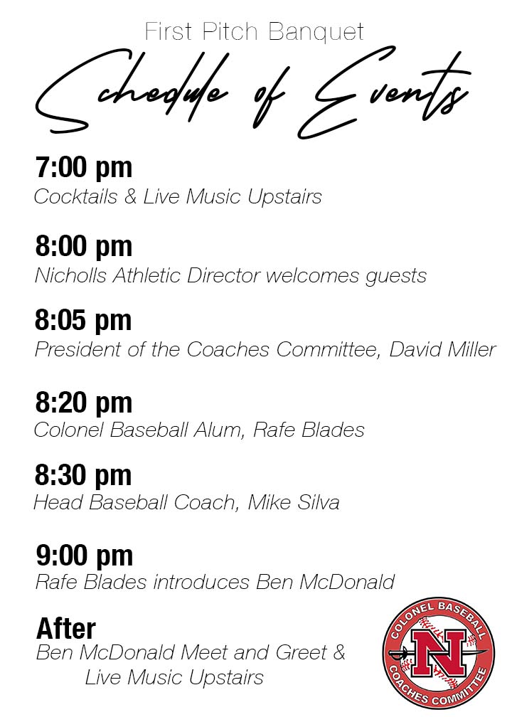 Only one more day until First Pitch Banquet and the schedule of events are as followed:
