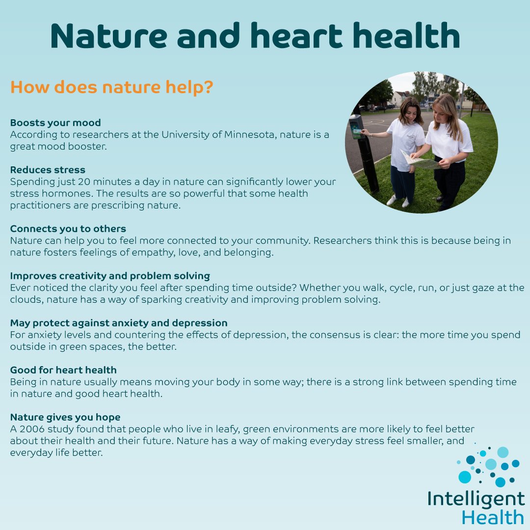 Being in nature means moving your body in some way and can help boost mood and improve mental health. Nature is great for Heart Health!