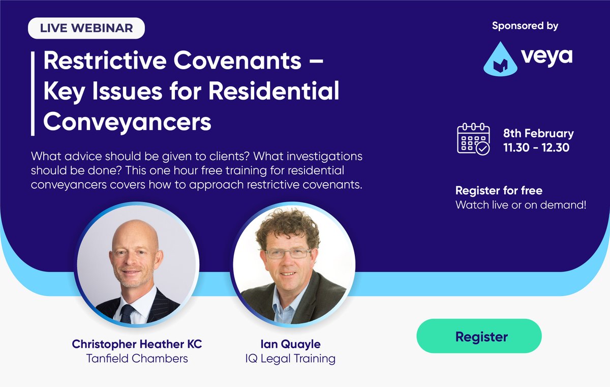 Calling all residential conveyancers! Sign up to our free webinar next month with Ian Quayle from <a href="/iqlegaltraining/">IQ Legal Training</a> to learn more about restrictive covenants.

askveya.com/events/restric…

#restrictivecovenants #conveyancers #conveyancer