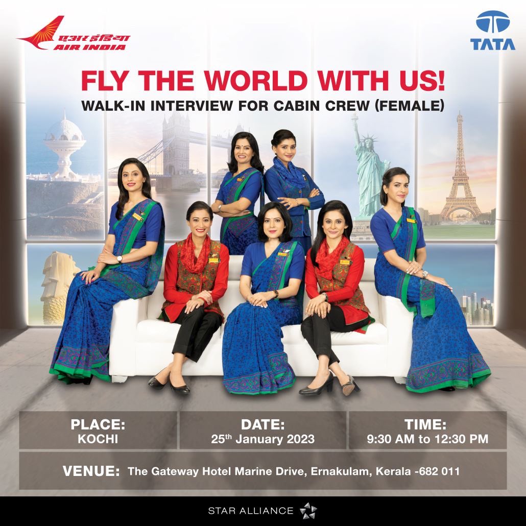 airindia's tweet photo. #FlyAI: If you want to fly around the world, give wings to your dream by meeting us in Kochi on 25th January, 2023 for a walk-in interview of Cabin Crew (Female). 
  
For more details visit the career page at https://t.co/QxBWIFdGAj 
 
#cabincrewhiring #AirIndiaRecruitment https://t.co/VzWuW3ZPPY