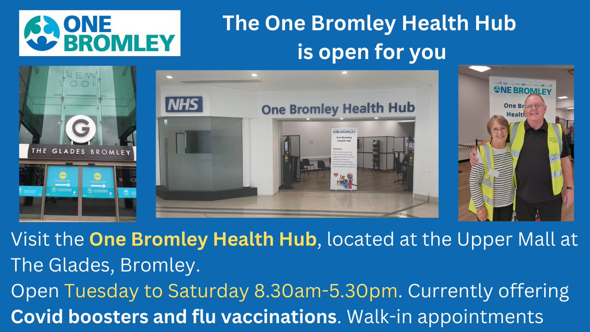 If you visit @TheGladesBrom come to see the #OneBromley Health Hub 🤗Currently providing #flu and #Covid vaccinations, it will host other services in the future. Check our location, we are at the Upper Mall, opposite M&S 👍
#GetProtected #WalkIn @bromleyhcare @StChrisHospice