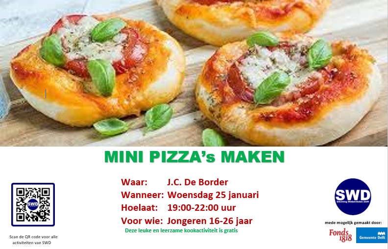 SWelbevindenD's tweet photo. Woensdag 25-01 gaat @SWelbevindenD met de tieners in de middag, en jongeren in de avond, weer heerlijke eigen gemaakte mini pizza maken 🍕
Wil jij ook een eigen mini pizza maken? Kom dan gezellig langs in J.C. De Border.
#jongeren #tieners #deborder #activiteiten #Delft #pizza https://t.co/WAGJwpenLs