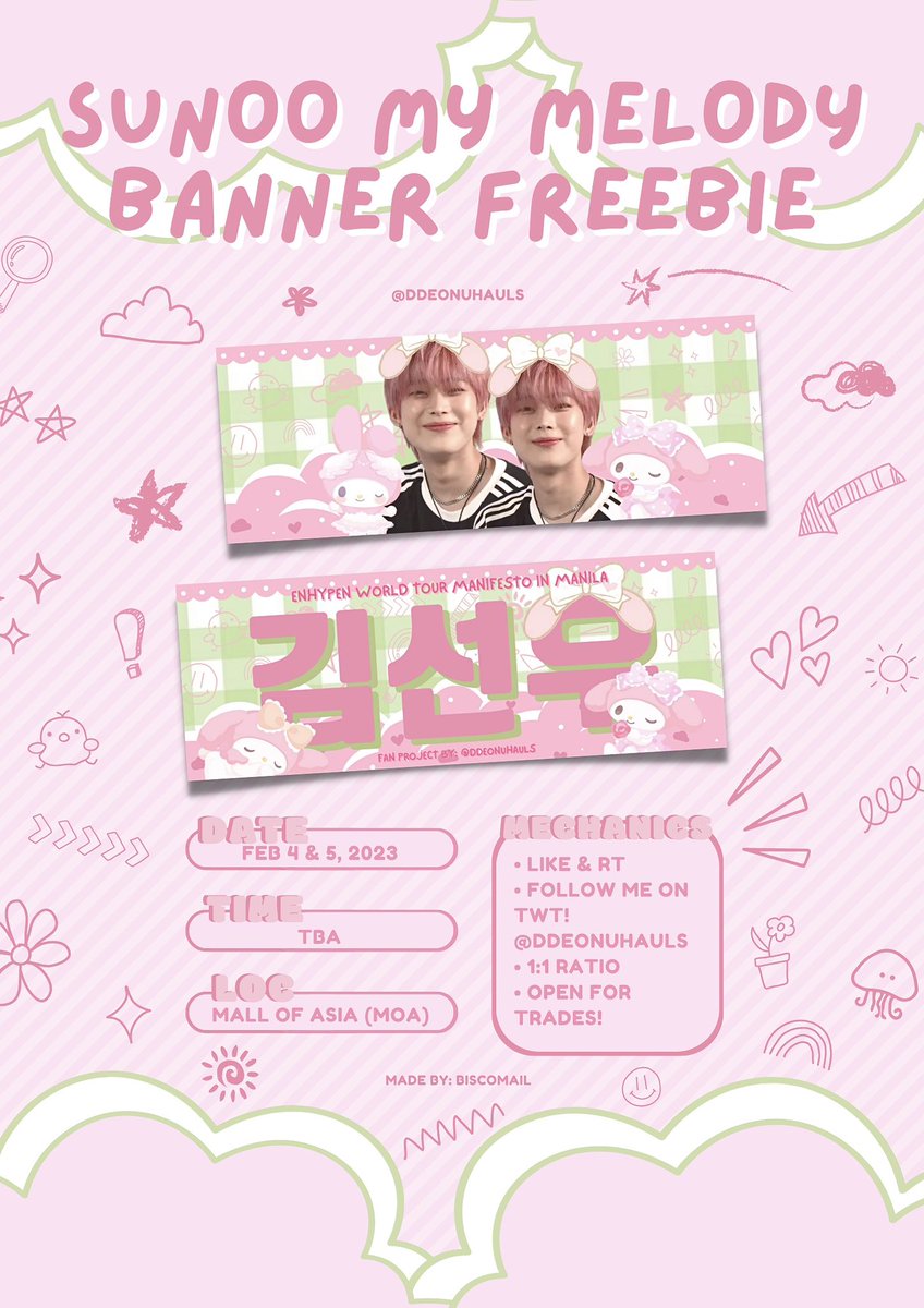 ddeonuhauls2's tweet photo. [ #MANIFESTO IN MANILA ]
- fan support project by @ddeonuhauls2 🫶🏻

 🎀 hello:) i'll be giving away sunoo my melody hand banners for free on concert day
TO CLAIM: [ mbf, like &amp; rt to spread ] 
— limited qty (1:1) &amp; open for trade! :)
— loc &amp; time tba! 
(also open for donation!) https://t.co/fq4HF3OV55