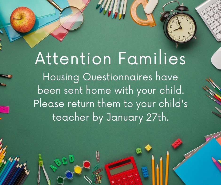 Attention Parents, please be on the lookout for housing surveys that went out to all students recently. Surveys are due back January 27th. If you have any questions regarding the survey, contact Whitney Nichols at wnichols@mcmcinnschools.com, or by calling 423-745-1612.