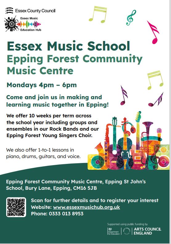 #EppingForest has a new Community Music Centre! Do you know any young musicians who would like to make more music? Join us for this exciting new opportunity based at <a href="/EppingStJohns/">ESJ</a> More details here: essexmusichub.org.uk/site/music-cen… Pls RT <a href="/EppingStJohns/">ESJ</a> <a href="/eefnews/">Everything Epping Forest</a> <a href="/eppingprimary/">Epping Primary</a>