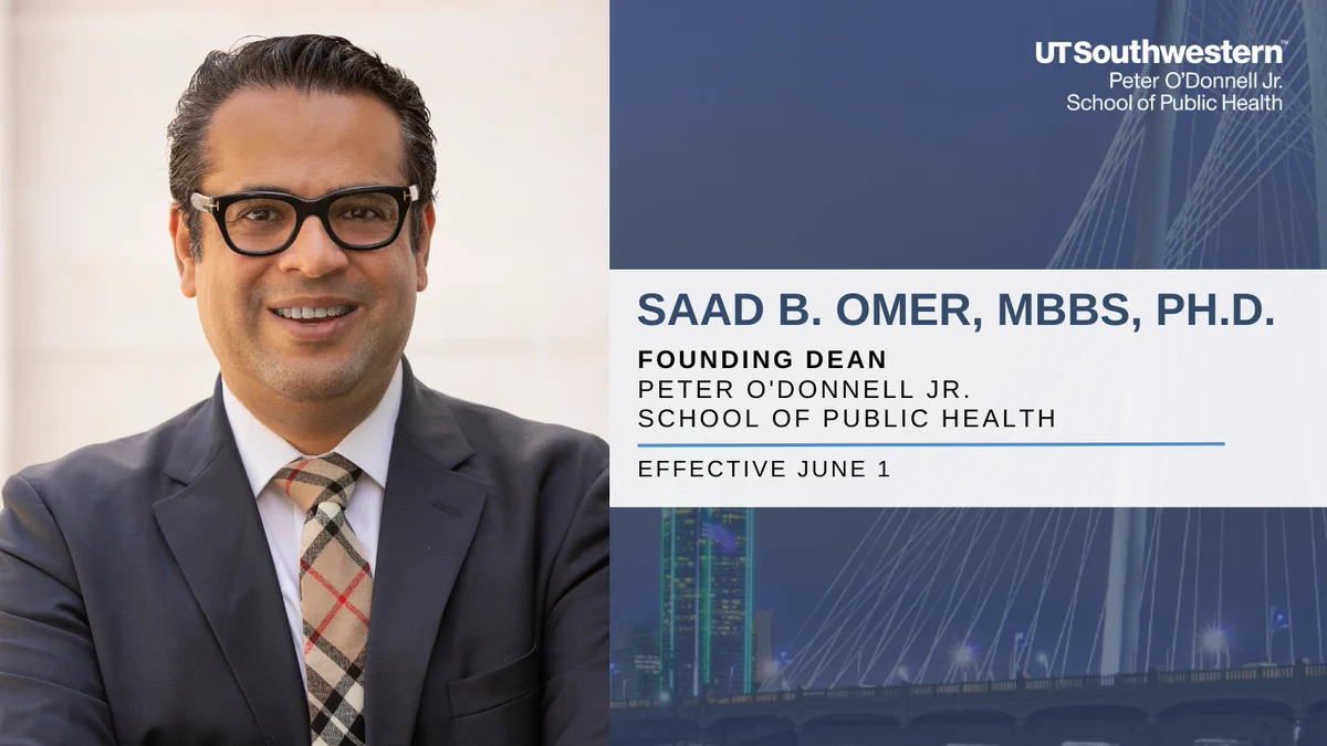 Founding Dean announcement graphic with a man wearing glasses and suit.