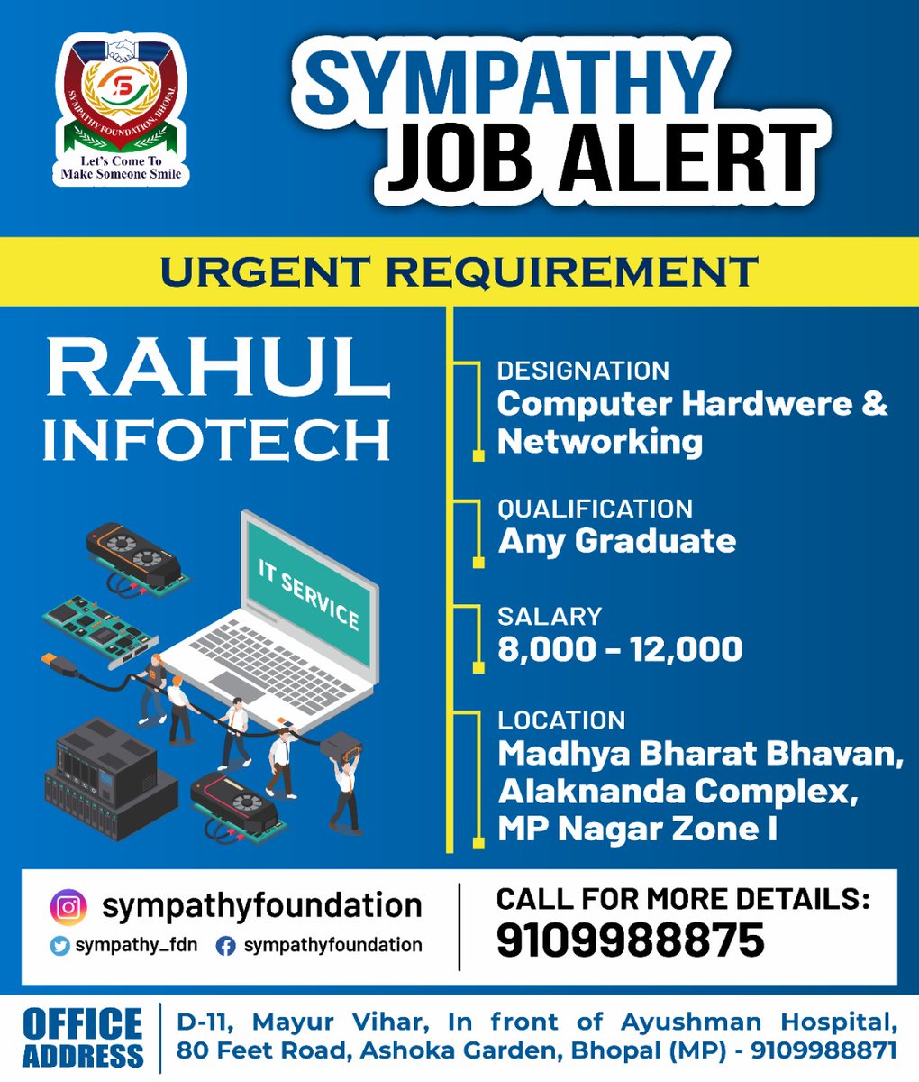 Sympathy_fdn's tweet photo. *सिम्पैथी जॉब अलर्ट*
*वैकेंसी अवेलेबल  ......*

*Rahul Infotech - Computer Hardware &amp; Networking*

पूरी जानकारी दी गई पोस्ट में है👇🏿👇🏿

*👉🏿 इच्छुक उम्मीदवार 9109988875 पर कॉल और व्हाट्सएप कर सकते हैं*
(सुबह 11 बजे से रात 8 बजे के बीच)
*🙏🏿कृपया अन्य लोगों और समूहों को साझा करें https://t.co/1eByYx9HRF