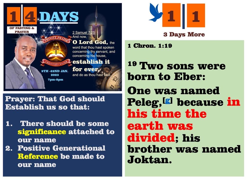 DIATPCC's tweet photo. Day 11 of 14

1 Chronicles 1:19
And unto Eber were born two sons: the name of the one was Peleg; because in his days the earth was divided: and his brother's name was Joktan. https://t.co/c7rGpuMmYQ