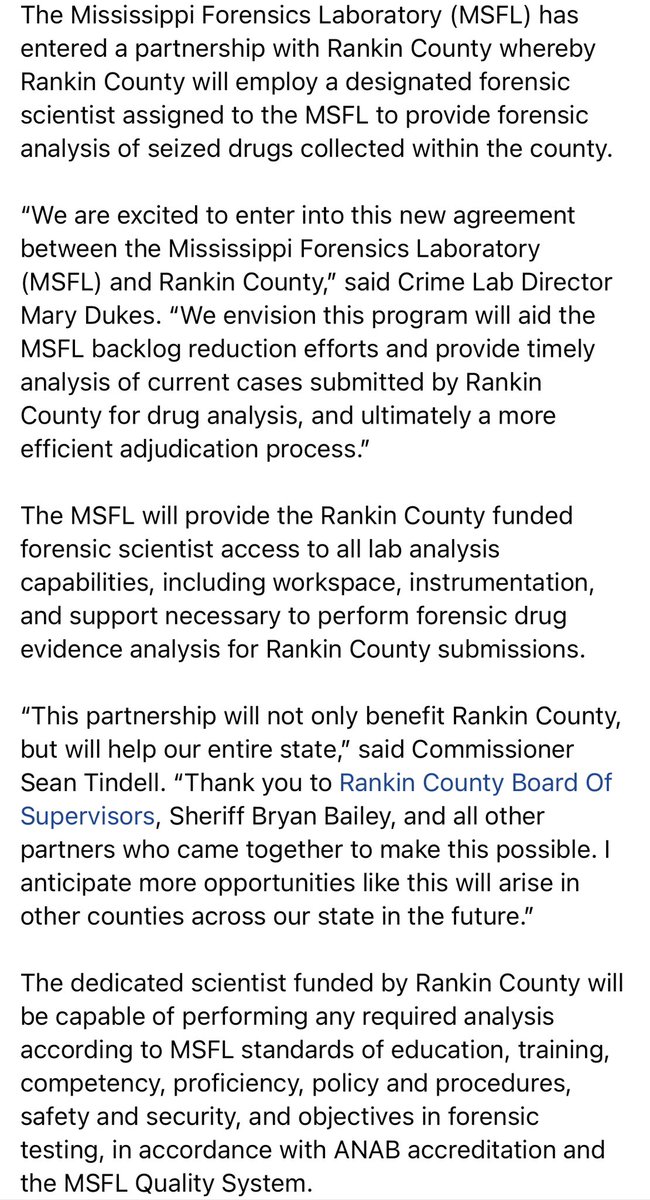 MissDPS's tweet photo. The Mississippi Forensics Laboratory has entered a partnership with Rankin County whereby Rankin County will employ a designated forensic scientist assigned to the MSFL to provide forensic analysis of seized drugs collected within the county. https://t.co/voVFdKNnDB