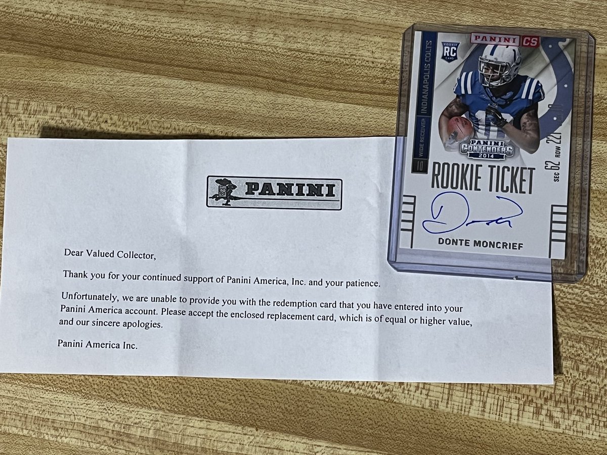 HuskyRev's tweet photo. Nothing makes me feel like a “valued customer” more than getting Donte Moncrief as a replacement for @_CeeDeeThree #sarcasm #thehobby @CardPurchaser https://t.co/buGzmvMqwA