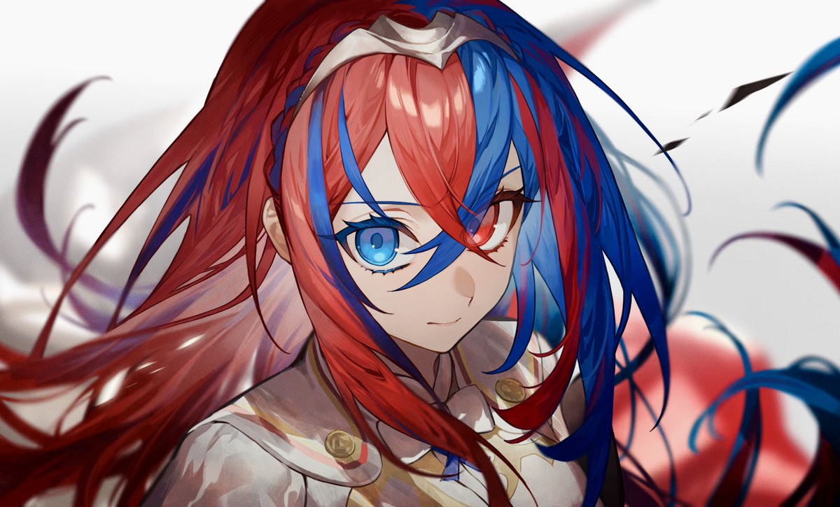 1girl heterochromia blue eyes crossed bangs long hair red hair blue hair  illustration images