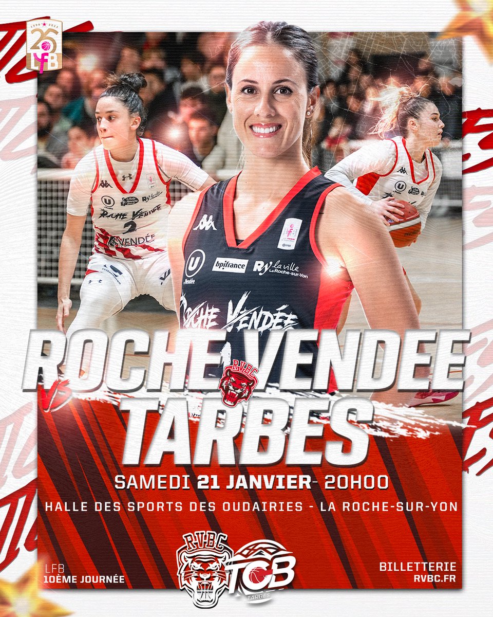 larochevendee's tweet photo. ⚔️ Un match 𝗰𝗮𝗽𝗶𝘁𝗮𝗹 se prépare aux Oudairies ! 🏀

🆚 @tgbbasket  
🗓 Samedi 21 janvier
ℹ️ 10ème journée de @basketlfb 
⏱ 20H00
📍 Halle des Sports des Oudairies
🎫 https://t.co/GPYwgtVqQ1 https://t.co/aw3tYgco1v
