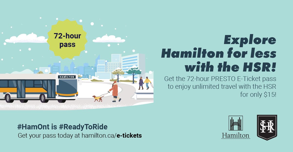 cityofhamilton's tweet photo. How many things can you see and do in #HamOnt in 3-days? Take HSRโs 72 hours for $15 challenge. Download the 72-hour E-Ticket pass on the PRESTO E-Ticket app and take unlimited trips for just $15. https://t.co/6kmOpUQ0jT #exploreHamOnt #ReadyToRide https://t.co/4YcAukGyVs