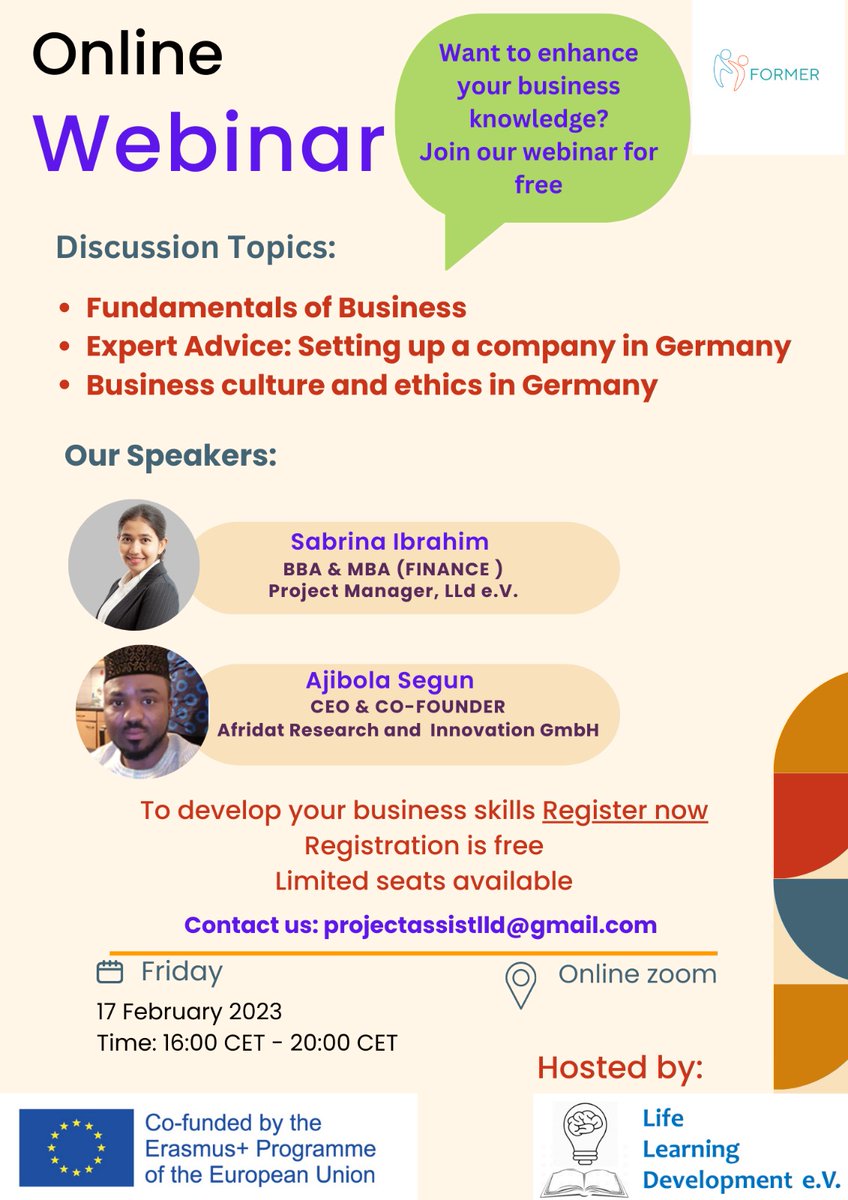 LifeLearning3's tweet photo. Register here to join : https://t.co/uGS6wwIfoQ
Topics will be covered during webinar: Fundamentals of Business and more

Date: 17th February, 2023 
Time: 16:00 CET to 20:00 CET
#collaboration #startup #socialentrepreneurship
#erasmusplusproject  #partnership  #learning  #webinar https://t.co/ugZQFdKyVq