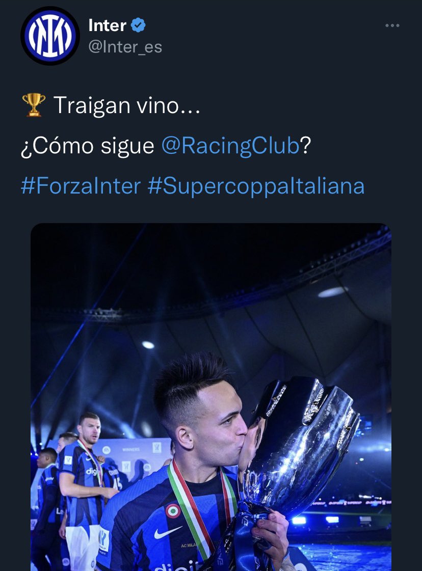 TRAIGAN VINO 💙🏆

✍🏻 El tweet de la cuenta oficial de #Inter en español luego de consagrarse Supercampeón de #Italia.