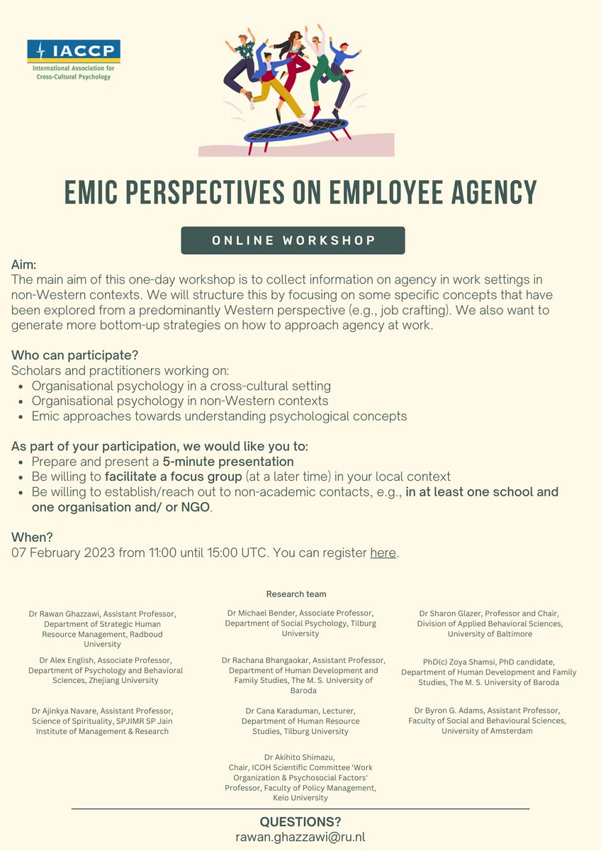 Do you do research in organizational/ Industrial Behavior/ Psychology (while adopting a cross-cultural approach)? If so, then you can register for this free online workshop that will take place on the 7th of February 2023 via the link below:   lnkd.in/eh3ZeyCh