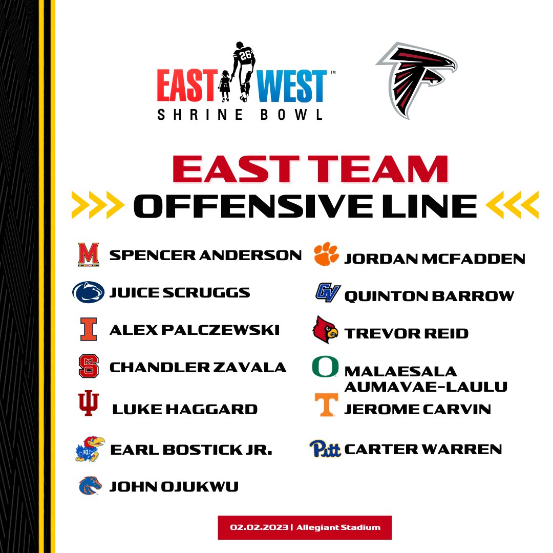 East-West Shrine Bowl (@shrinebowl) on Twitter photo 😤Here's a look at the East OL coached by the #Falcons.
💫<a href="/spents_/">Spencer Anderson</a>
💫<a href="/JuiceScruggs/">Supa</a>
💫<a href="/PalczewskiAlex/">Alex Palczewski</a>
💫<a href="/chandlerzavala1/">Chandler Zavala</a>
💫<a href="/Lukeduke150/">Luke Haggard</a>
💫<a href="/EBJ_1K/">Earl Bostick Jr</a>
💫<a href="/ojukwu1john/">John Ojukwu</a>
💫<a href="/Jmac_2332/">Jmac</a>
💫<a href="/____quinton/">Q🏈</a>
💫<a href="/trevorreid70/">Trevor Reid</a>
💫Malaesala Aumavae-Laulu
💫<a href="/JeromeCarvin/">Jerome Carvin</a>
💫<a href="/CarterWarren79/">CARTER⚡️</a>
#ShrineBowl🏈 😤Here's a look at the East OL coached by the #Falcons.
💫<a href="/spents_/">Spencer Anderson</a>
💫<a href="/JuiceScruggs/">Supa</a>
💫<a href="/PalczewskiAlex/">Alex Palczewski</a>
💫<a href="/chandlerzavala1/">Chandler Zavala</a>
💫<a href="/Lukeduke150/">Luke Haggard</a>
💫<a href="/EBJ_1K/">Earl Bostick Jr</a>
💫<a href="/ojukwu1john/">John Ojukwu</a>
💫<a href="/Jmac_2332/">Jmac</a>
💫<a href="/____quinton/">Q🏈</a>
💫<a href="/trevorreid70/">Trevor Reid</a>
💫Malaesala Aumavae-Laulu
💫<a href="/JeromeCarvin/">Jerome Carvin</a>
💫<a href="/CarterWarren79/">CARTER⚡️</a>
#ShrineBowl🏈