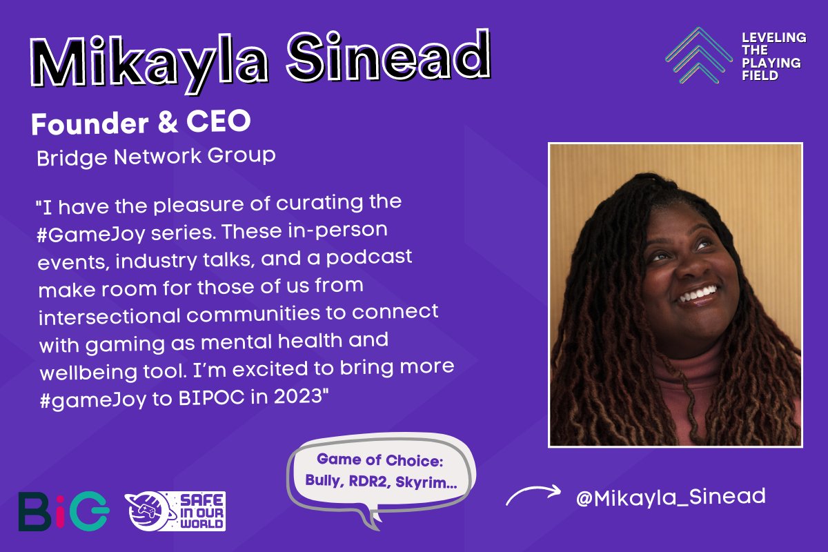 SafeInOurWorld's tweet photo. Mikayla Sinead (@Mikayla_Sinead) is the Founder and CEO at @BridgeNetwrkGrp and curator of #GameJoy, Patron of SIOW and inspiring leader in this industry, looking to bridge the discussion with intersectionality and mental health through gaming. https://t.co/ORR1VpYkTH