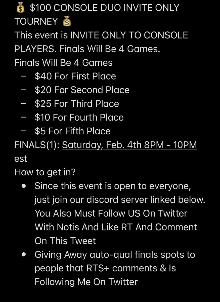 VarieFuture's tweet photo. 🏆 @TeamVarieGGs $100 Console Duo Cup🏆

(INVITE ONLY)
Date - Feb 4th, 8 PM
Format - Arena Solos, 4 Games 

How to get picked:
(1) FOLLOW us and @ufwBen 
(2) Join the Team Varie Discord
(3) Like &amp; Retweet and @ a friend https://t.co/oSXdGXdcc5