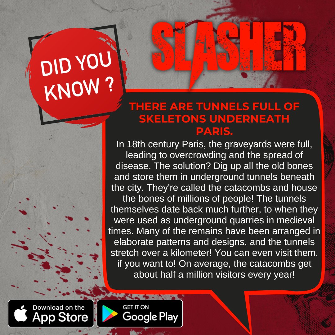 theslasherapp's tweet photo. Did you know? There are tunnels full of skeletons underneath Paris. In 18th century Paris, the graveyards were full, leading to overcrowding and the spread of disease.
Get the App now!
#creepyfacts #didyouknow #horrorstories #horrorfans #horrorfamily #theslasherapp #horrorapp https://t.co/03yeBskiYx