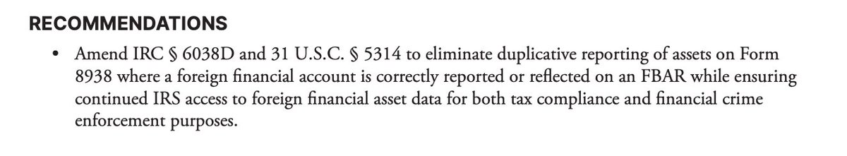 ExpatriationLaw's tweet image. Legislative Recommend #6 - Eliminate Duplicative Reporting Requirements Imposed by - Bank Secrecy Act and the Foreign Account Tax Compliance Act - The @YourVoiceAtIRS 2023 Report - includes the following three recommendations for #FBAR and #FATCA #Form8938 taxpayeradvocate.irs.gov/wp-content/upl…