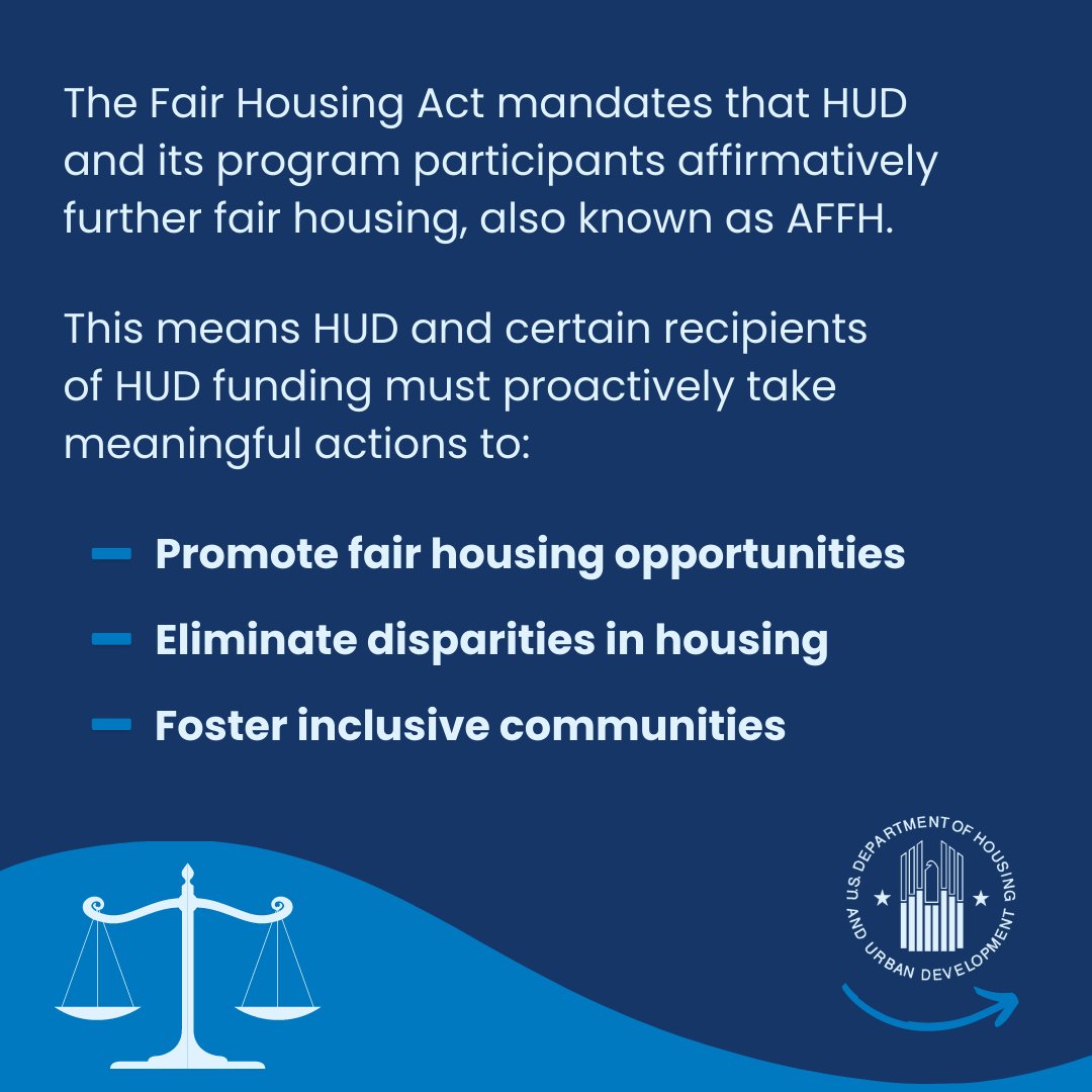 HUDgov's tweet photo. Today, HUD announced a proposed rule to fulfill the promise of the 1968 Fair Housing Act mandate to affirmatively further fair housing (AFFH). 

This proposed rule would create places of opportunity where every resident can thrive. https://t.co/TjrIBkYpC4
