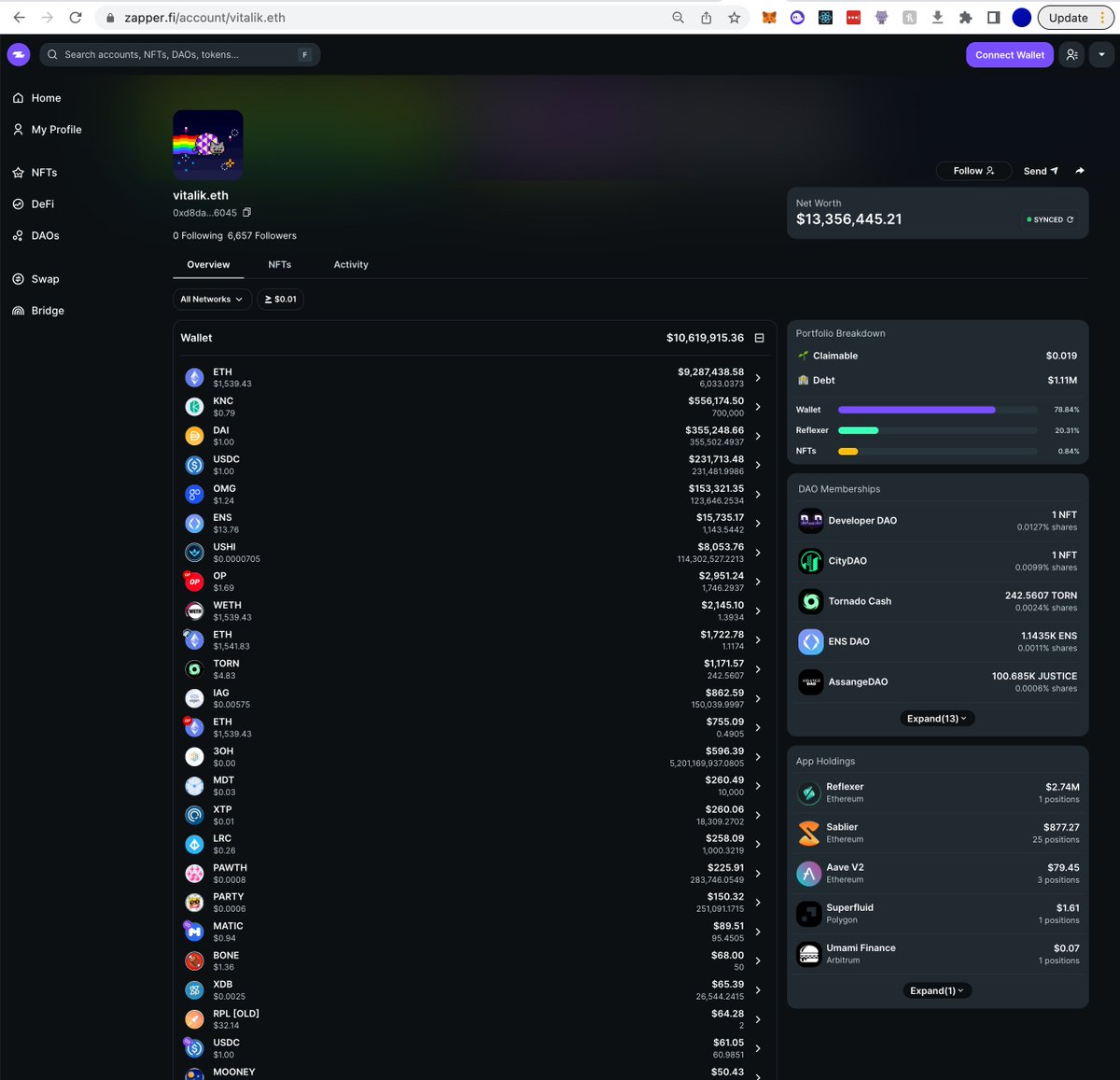 DannyDelott's tweet photo. Almost every UI that shows a wallet address has a link to its etherscan page. It's the de facto standard.

But honestly, the wallet page on @zapper_fi is so useful, I'd bet more apps would benefit from using it instead:

- More complete balances
- DAOs
- NFTs
- Apps
- Tx History https://t.co/mISV1xle6Q