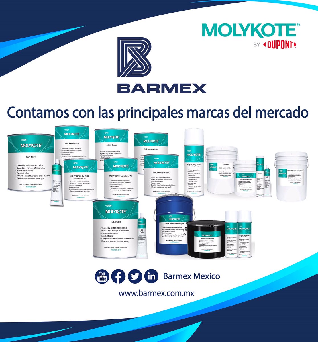 BarmexMexico's tweet photo. Conoce las variedad de marcas que manejamos para las necesidades de tu empresa en #BarmexMexico #Molykote #dupont #LubricantesIndustriales https://t.co/1vfcRV8IDx