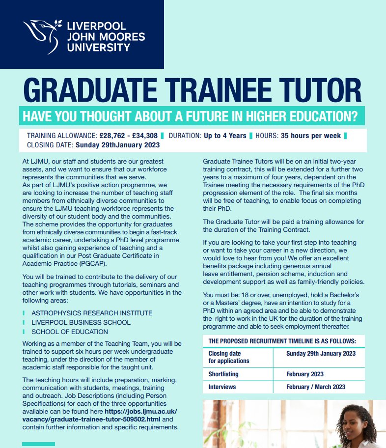 📢OPPORTUNITY: @LJMU have advertised Graduate Trainee Tutor opportunities as part of their #PositiveAction programme to increase teaching staff from #ethnically #diverse communities. 2:1 BA minimum entry requirement, closing date Thursday 29th Jan. Please share with your networks