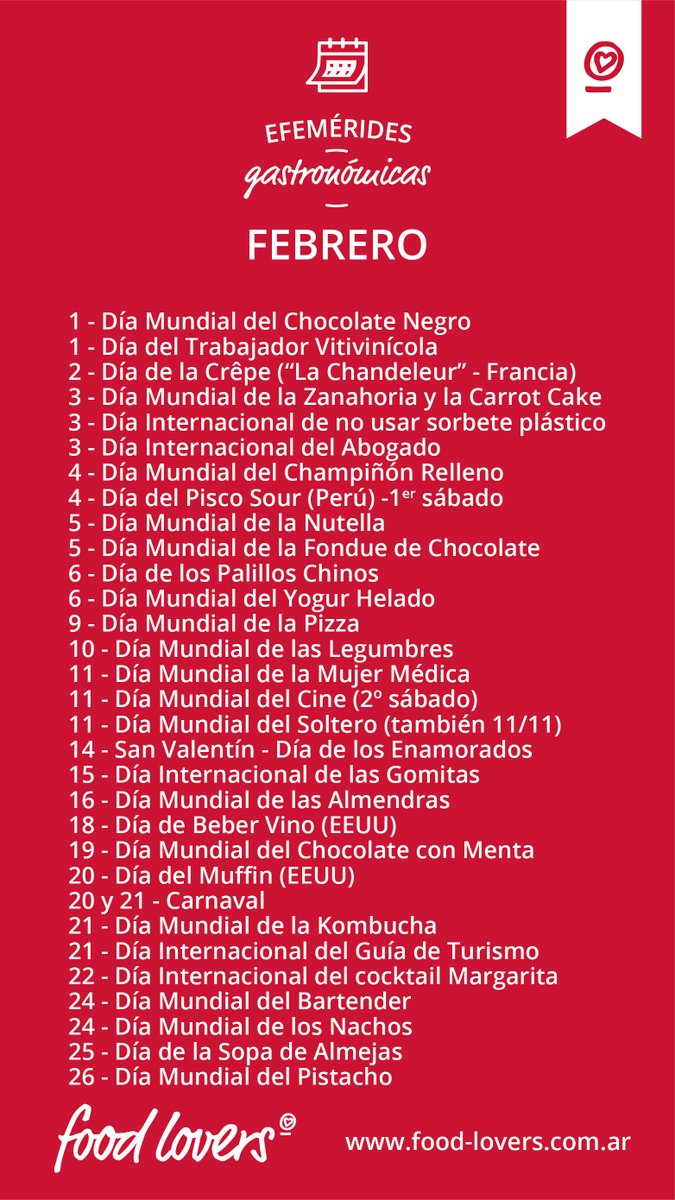 FoodLoversArg's tweet photo. #EfemeridesGastronomicas by #FoodLovers for 
 Food Lovers
.
.
.
.
.
#foodielife #foodies #february #febrero #calendario https://t.co/5C6EivlEHG