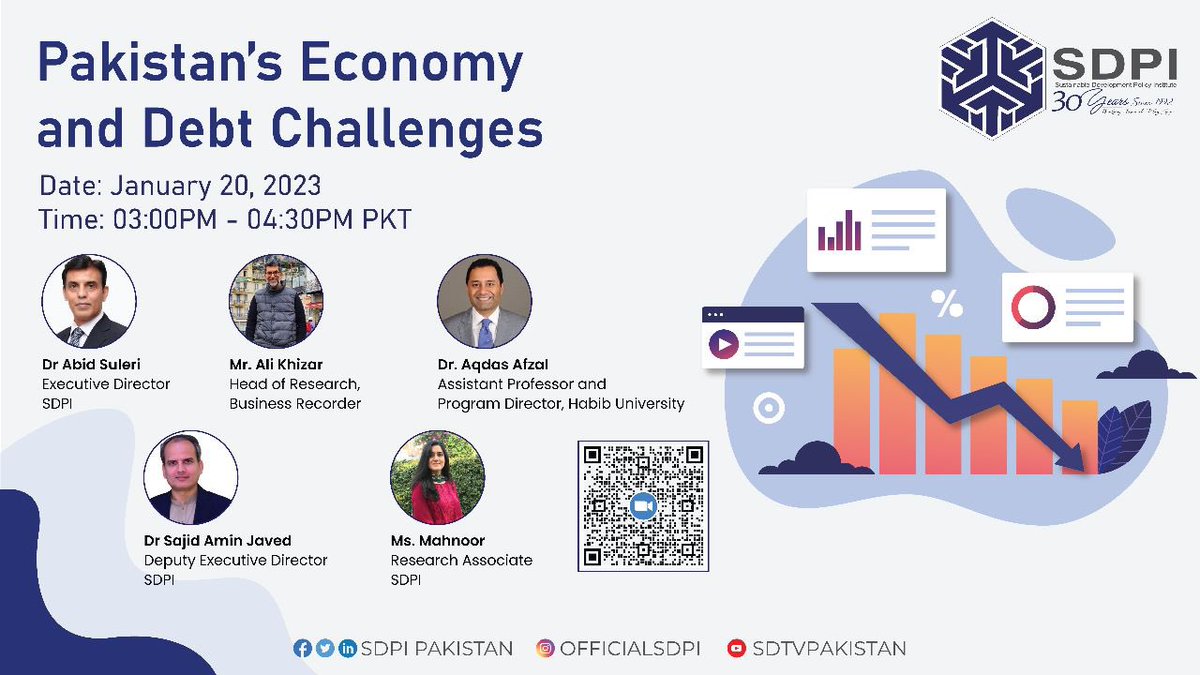 📢SDPI is hosting a HYBRID SEMINAR on 
Pakistan's Economy & Debt Challenges 
🗓Tomorrow
⏰️3:00-4:30pm
🌇SDPI Conference Hall & Zoom 
👩‍🏫👨‍🏫
@mahnoorm10
@AqdasAfzal
@AliKhizar 
@Sajidaminjaved
@Abidsuleri 

#PakEconomy
#knowyoureconomy
#Pakistan🇵🇰