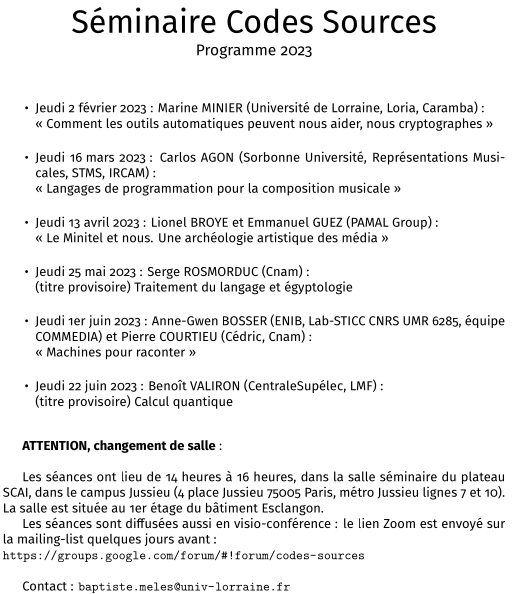 SemCodesSources's tweet photo. Voici le programme du séminaire Codes Sources pour l'année 2023 !

Comme toujours, retrouvez les infos sur https://t.co/0ug0WfEuT1 https://t.co/VtLT7Lmrpr