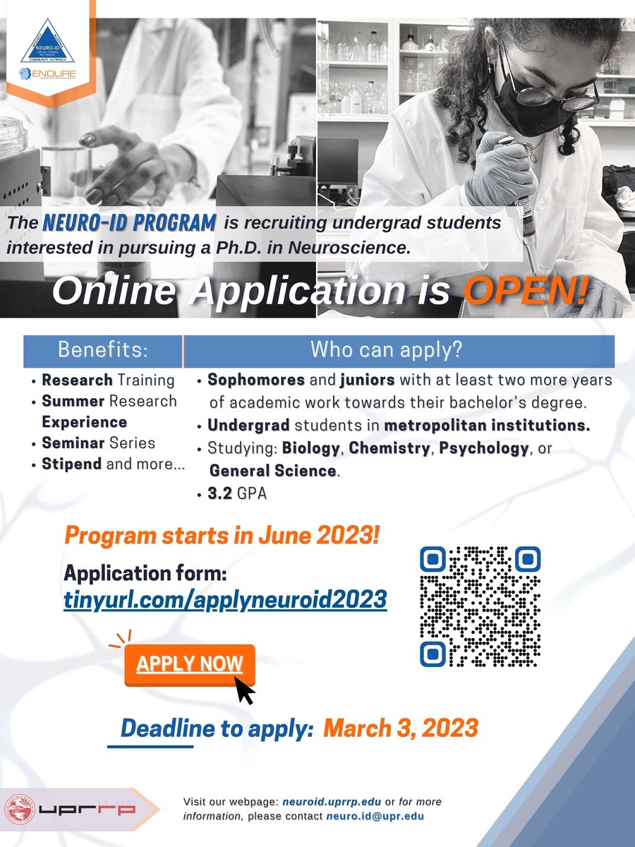 uprrp's tweet photo. 📢Convocatoria: Programa Neuroscience Research Opportunities to Increase Diversity (NeuroID)
Fecha límite para solicitar: 3 de marzo de 2023 (para comenzar en junio)
Información: neuro.id@upr.edu https://t.co/3FuKbvqtBP