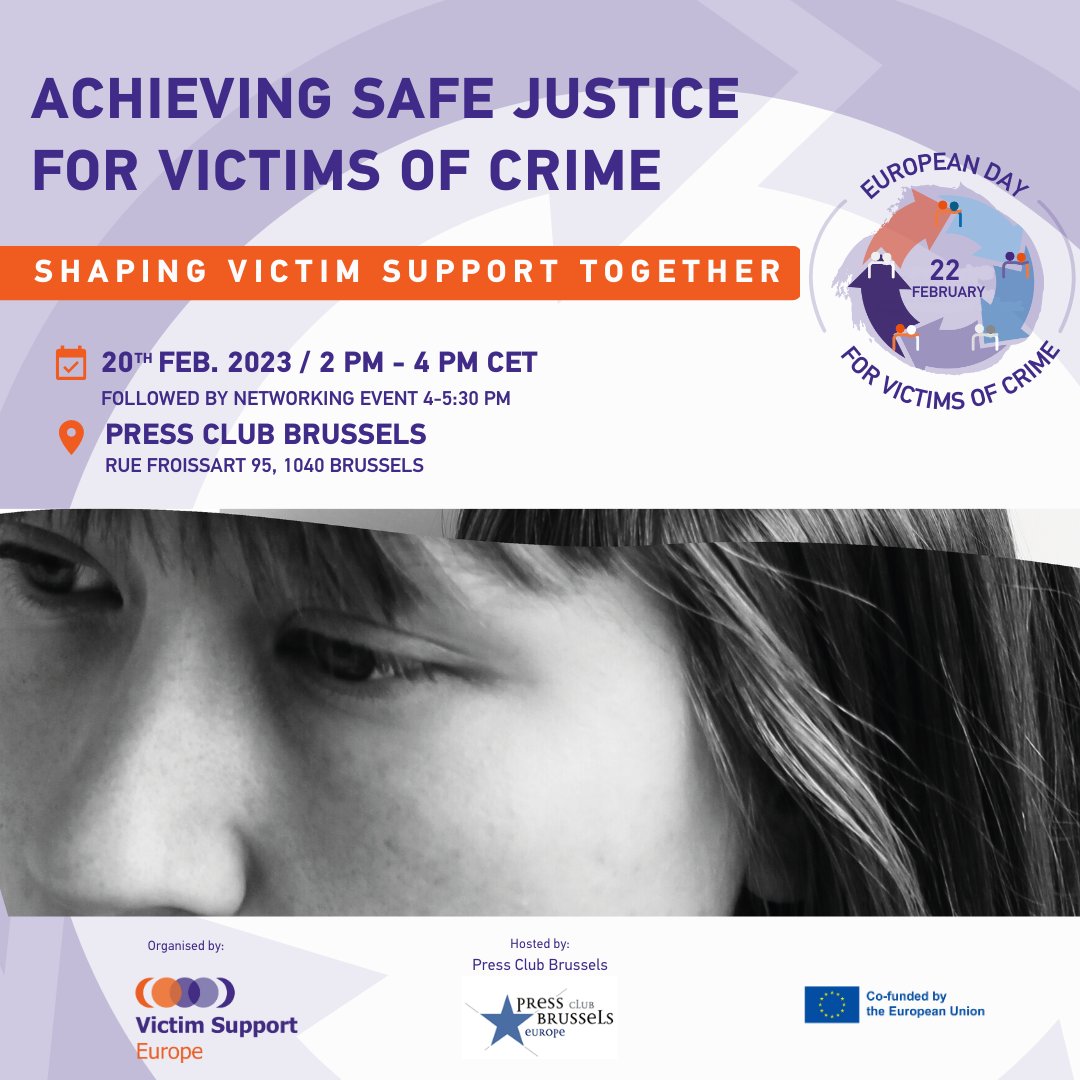 📢Join us @ “Achieving #SafeJustice for Victims” event, organised by VSE!

📆20 Feb 2023, 2 - 4 pm CET
📍<a href="/PressClubBXLEU/">Press Club Brussels Europe</a>

📥Register :vse-form.typeform.com/to/V7vCdqEt?ty…

#victimsforjustice #22February #EUVictimsRights #VictimSupportEU #EUVictimsRightsDirective #ShapingVictimSupportTogether