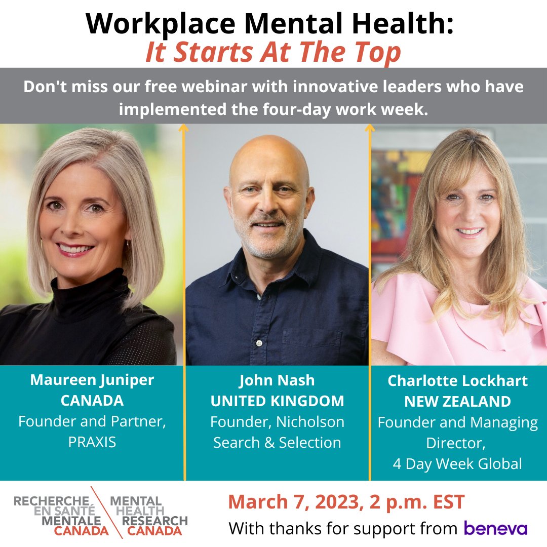Mark your calendars for March 7 at 2 p.m. EST! We are hosting a webinar with a panel of innovative leaders who have implemented the 4 day work week. Together we will explore the benefits of a reduced-hour workplace, particularly on employee mental health.
mhrc.ca/webinars/itsta…