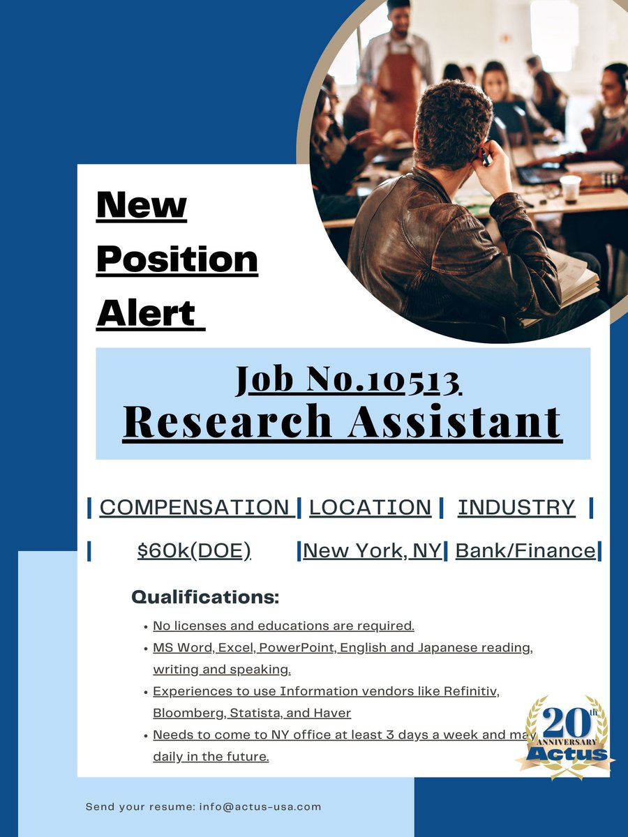 ActusUSA's tweet photo. 新規ポジションのご紹介です！ 

職種：Research Assistant 
勤務地: New York, NY
給料：$60 
言語：英語・ビジネスレベル / 日本語・ネイティブレベル 

ポジションの詳細をご覧になりたい方は、弊社ウェブサイトをご確認下��い！

https://t.co/jBTMHeOong

#アクタス #アメリカ求人 #アメリカ転職 https://t.co/8Wj5BHMIgW