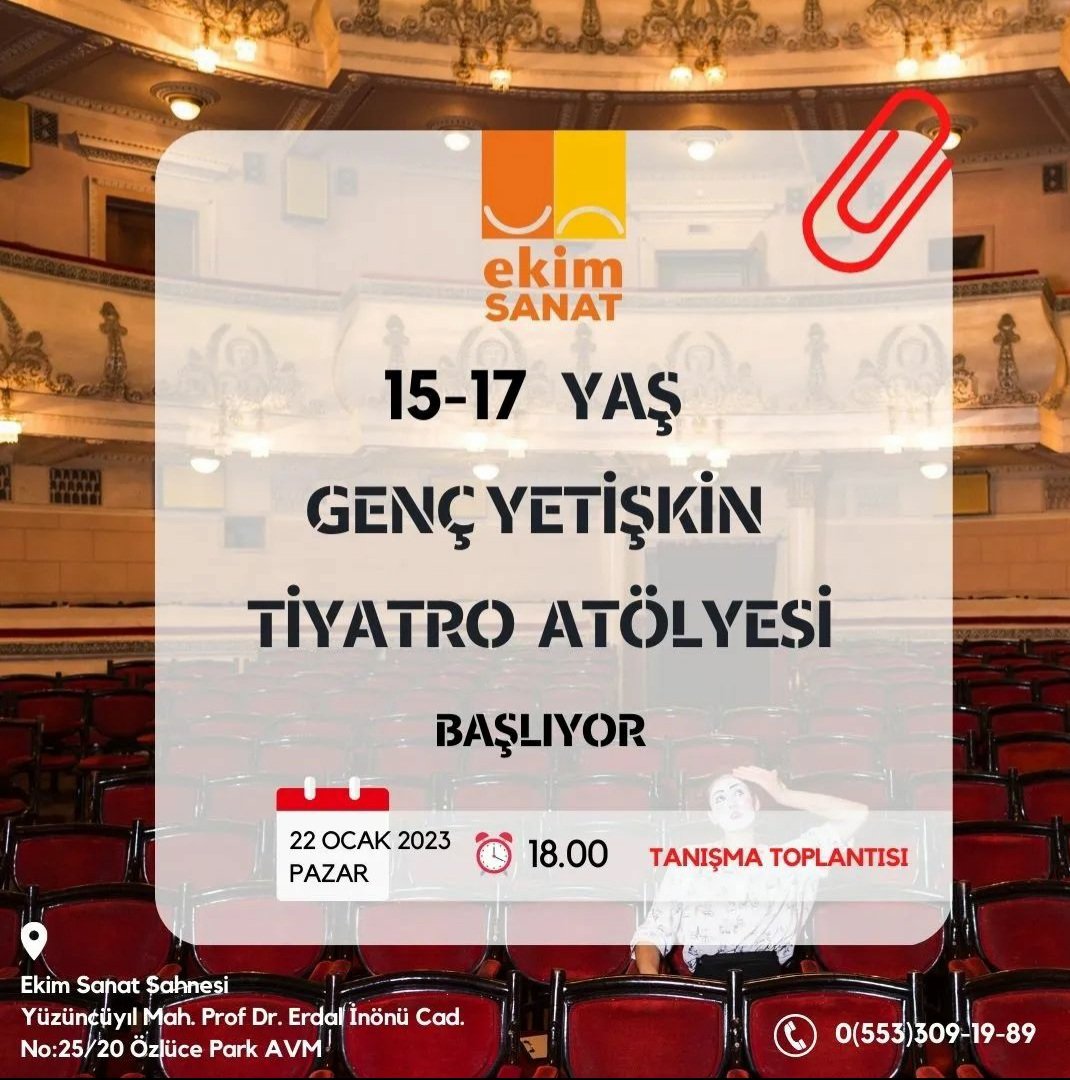 15-17 Yaş Tiyatro Atölyesi Yeni Dönem Başlıyor..

Tanışma toplantımızda gençlerimiz ve ailelerimizle tanışıp atölyemiz hakkında bilgilendirme yapıyoruz. Ders gün ve saatine bu toplantıda hep birlikte karar veriyoruz 😊

📅 22 Ocak Pazar
⏲  18:00
📍 Ekim Sanat Sahnesi