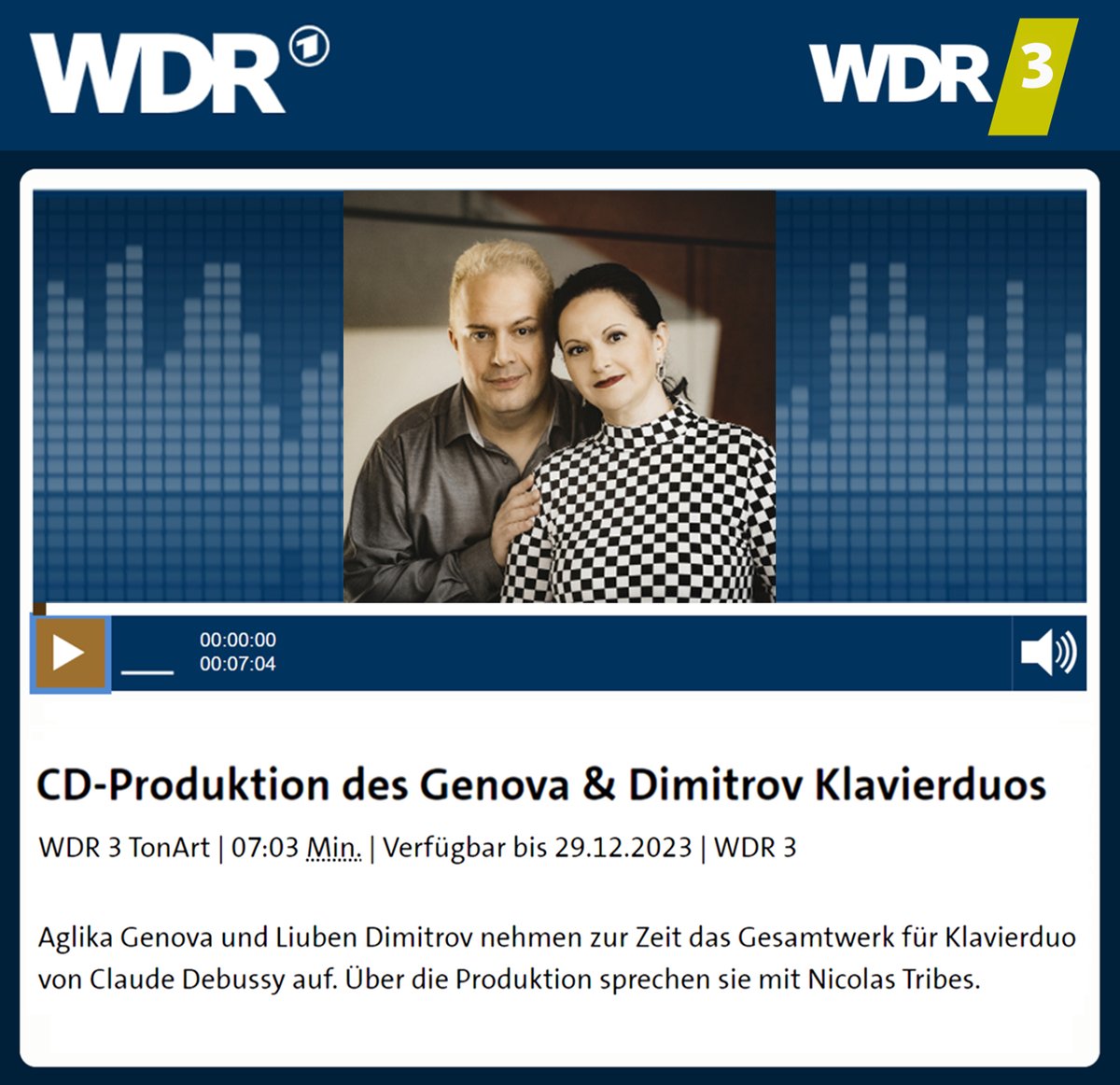 GenovaDimitrov's tweet photo. Live on air at @WDR 3 #TonArt broadcast about our new #Debussy project! Thanks for great talk Nicolas Tribes! 👉 https://t.co/Gi3La5VWny
.
.
#GenovaDimitrov #pianoduo #klavierduo #duodepiano #ClaudeDebussy #NewProject #piano #klavier #recordings #WDR3 #radio https://t.co/i6Prl8NRC8
