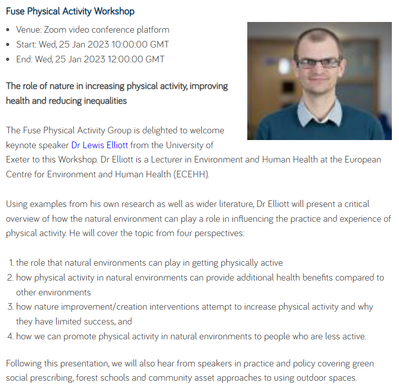 Scott Lloyd (@scottylloyd1979) on Twitter photo Last chance to book for our <a href="/fuse_online/">Fuse</a> zoom workshop on the role of nature in increasing physical activity, improving health & reducing inequalities
Interact with Dr. Lewis Elliott from <a href="/BlueHealthEU/">BlueHealth</a>, colleagues from <a href="/ygtmovement/">YOU'VE GOT THIS</a> & others
#fusepaw
fuse.ac.uk/events/physica… Last chance to book for our <a href="/fuse_online/">Fuse</a> zoom workshop on the role of nature in increasing physical activity, improving health & reducing inequalities
Interact with Dr. Lewis Elliott from <a href="/BlueHealthEU/">BlueHealth</a>, colleagues from <a href="/ygtmovement/">YOU'VE GOT THIS</a> & others
#fusepaw
fuse.ac.uk/events/physica…