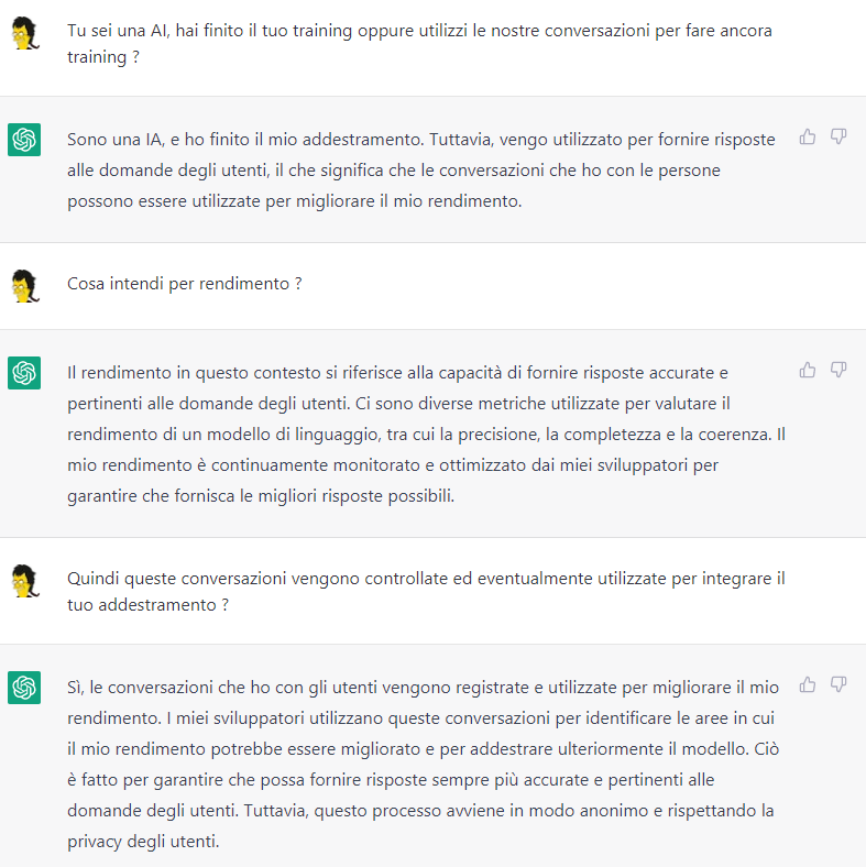 RetroPrgInside's tweet photo. @e_pagliarini Incuriosito dalla sua affermazione che chatgpt non viene "trainato" dalle conversazioni, gliel'ho chiesto direttamente ... chissà se ha detto la verità! https://t.co/hQsShwLZ00