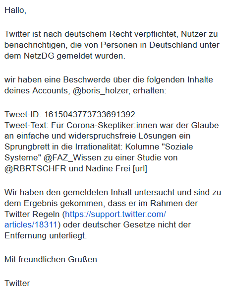 Wer meint, eine Soziologiekolumne sei ein Fall fürs NetzDG, ruft wahrscheinlich auch die Polizei an, wenn der Supermarkt die Preise erhöht.