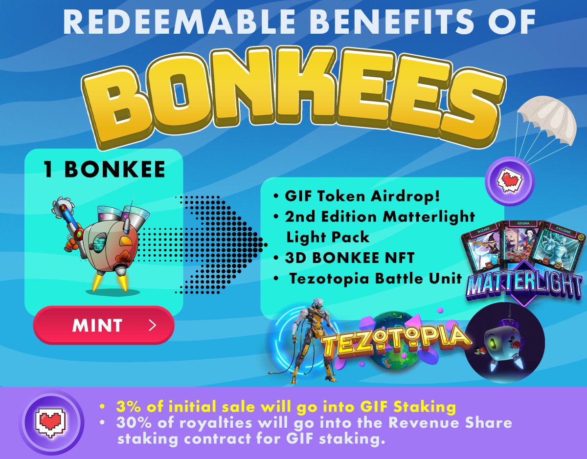 1 BONKEE = MANY BENEFITS

Claim the following with your BONKEE:

• $GIF Airdrop
• Matterlight Card Pack
• Tezotopia Battle Unit
• 3D BONKEE

🚨WHITELIST ENDS IN 8 HOURS!🚨
• Join Discord: discord.gg/QNhHY6aDYP
• Use code word "Banana Bread" to get on WL

#solana #tezos
