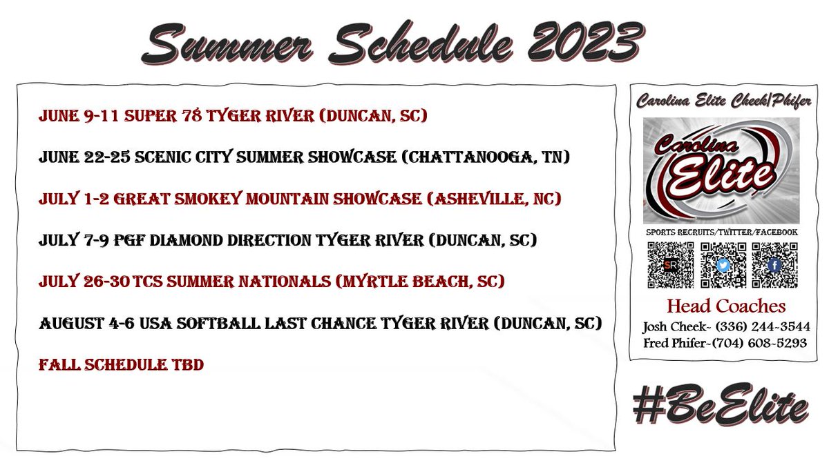 CarolinaEliteCP's tweet photo. **Schedule Drop**

Come check out a very talented group of 24/25's this Summer.  You will not be disappointed.  See Ya'll Soon!!! https://t.co/MZaLLvsj6F