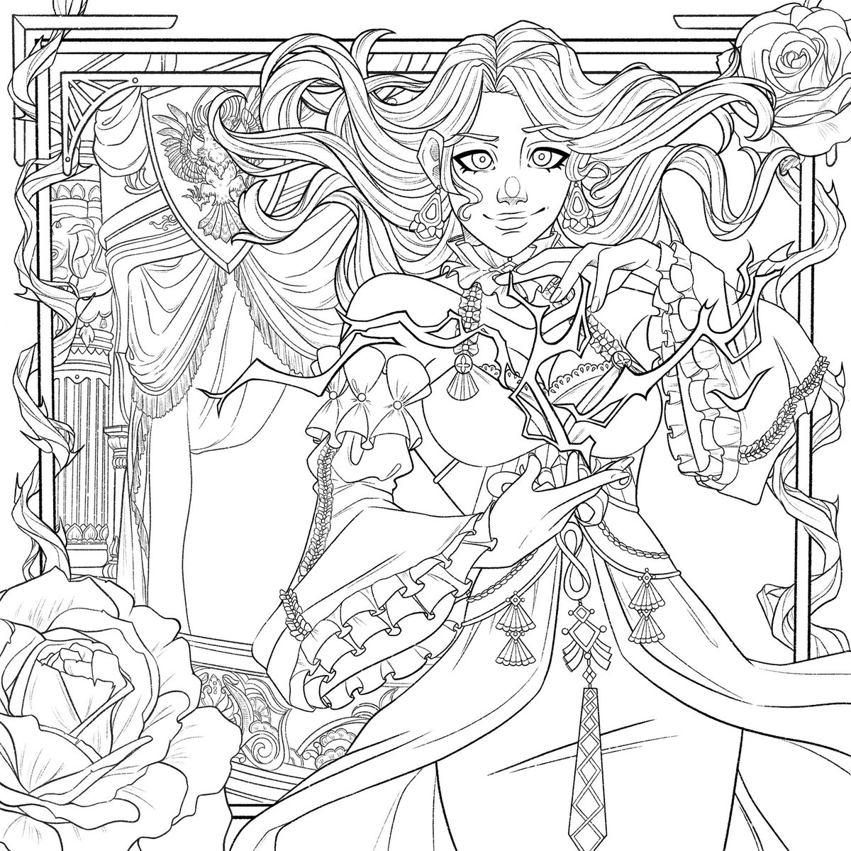 I am actually so proud of continuously happy with the Dorothea I did for <a href="/FE3HCOLOR/">Color Me Fódlan: A FE3H Coloring Book</a>!

It was the first zine I participated in and the first time I went in hard on a background
