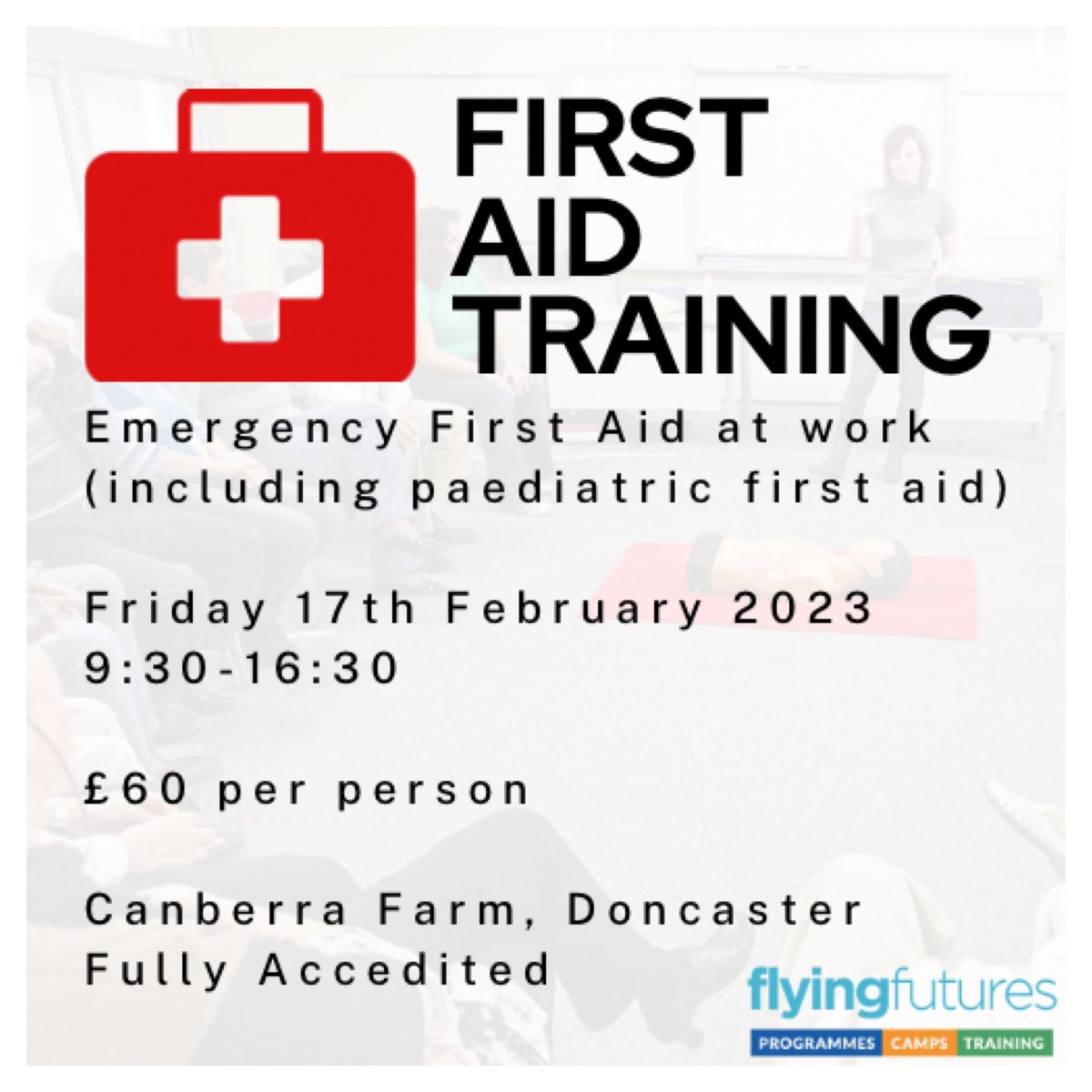 FlyingFutures's tweet photo. We are providing a reduced price First Aid Training course. ⛑️
The usual price of £90pp has been reduced to £60pp. 

This is a fully accredited course which covers First Aid at work, including paediatric first aid. 

#firstaid #firstaidtraining #firstaidcourse #doncasterisgreat https://t.co/HbHtlYKaeP