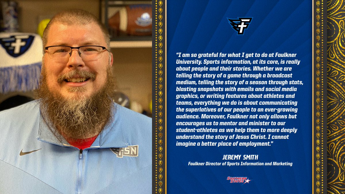 SSACsports's tweet photo. As part of #CelebrateCSC Week, hear from @FaulknerATHL Director of Sports Information and Marketing Jeremy Smith on what working at Faulkner means to him. Thank you for your leadership in mentoring so many student-athletes Jeremy! https://t.co/6k54avIQ0z