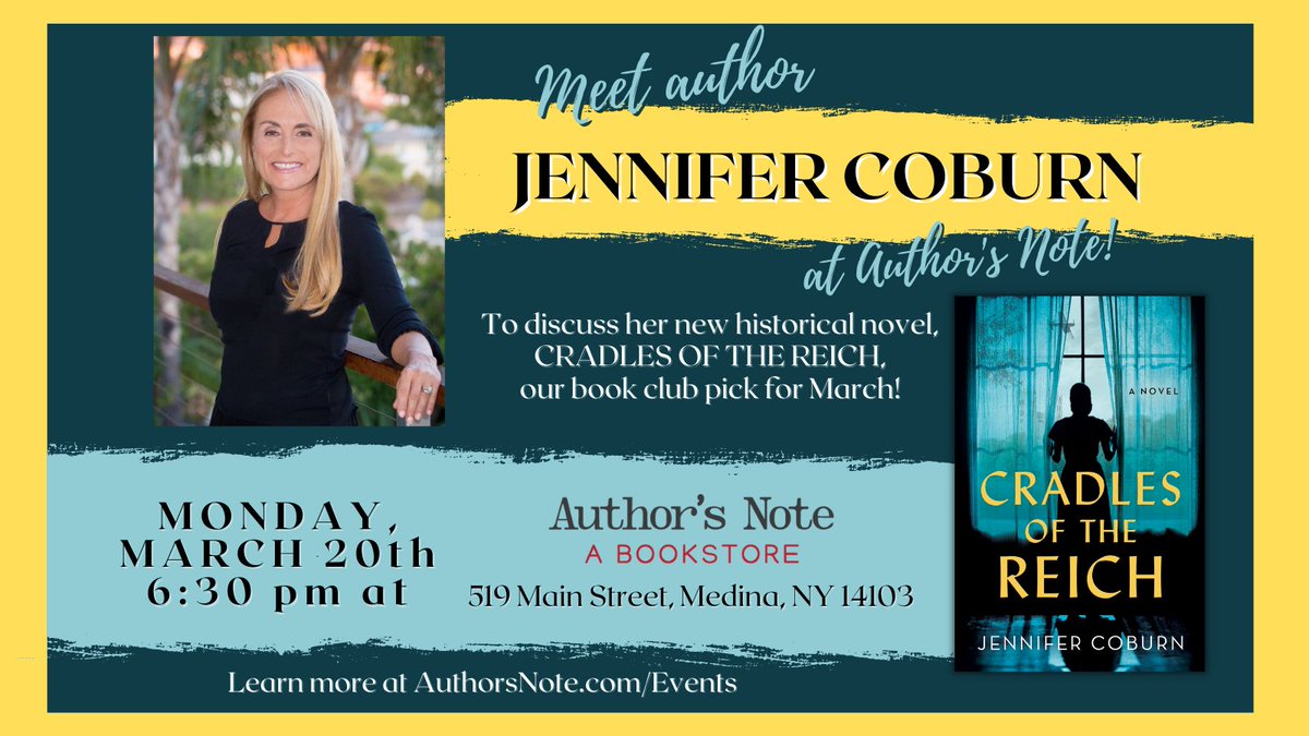 Join us on Monday, March 20 at 6:30pm at Author's Note to meet Jennifer Coburn, author of CRADLES OF THE REICH, a historical novel about a little-known Nazi atrocity during WWII.
Learn more &amp; buy a signed copy at AuthorsNote.com/Events.
#AuthorEvent #AuthorsNote #IndieBookstore